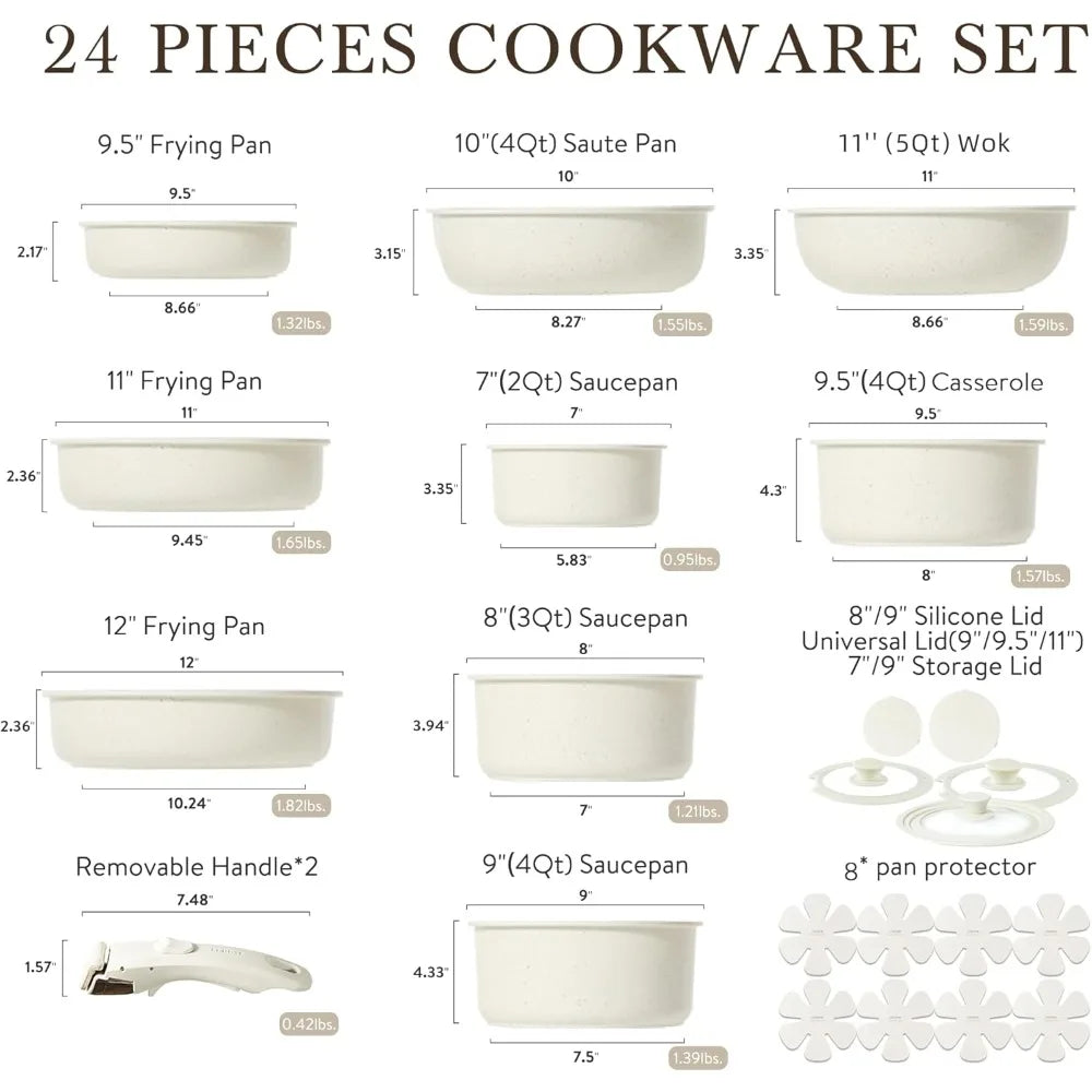 CAROTE 24pcs Detachable Handle Pots and Pan Set, Nonstick Induction Cookware, Removable Handle, RV Oven Safe Cookware, Kitchen