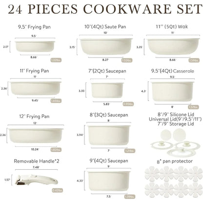 CAROTE 24pcs Detachable Handle Pots and Pan Set, Nonstick Induction Cookware, Removable Handle, RV Oven Safe Cookware, Kitchen